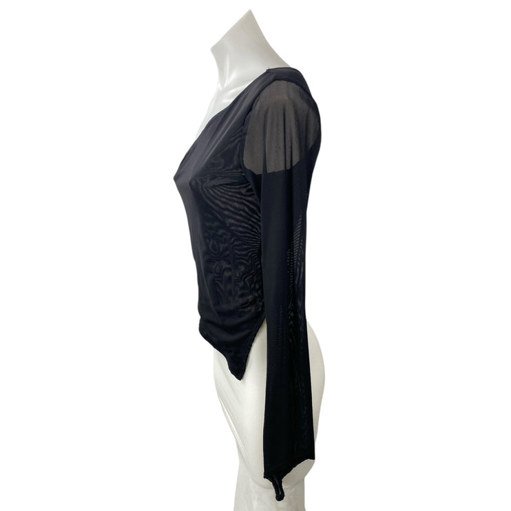 Silence & Noise Black Mesh Asymmetical One Shoulder Long Sleeve Blouse Top Sz S