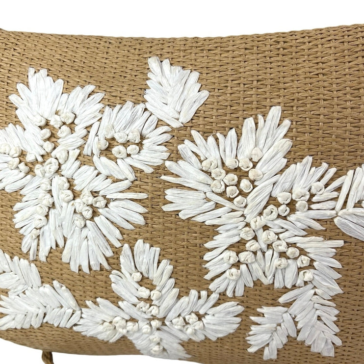 Oysho Women's Beige Tan Raffia Embroidered Floral Crossbody Shoulder Bag