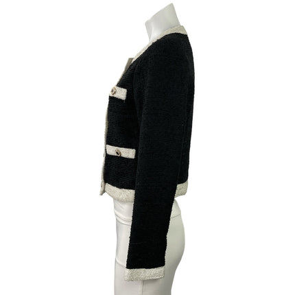 Aqua Women's Black Long Sleeve Cropped Tweed Button Up Cardigan Jacket Size XS