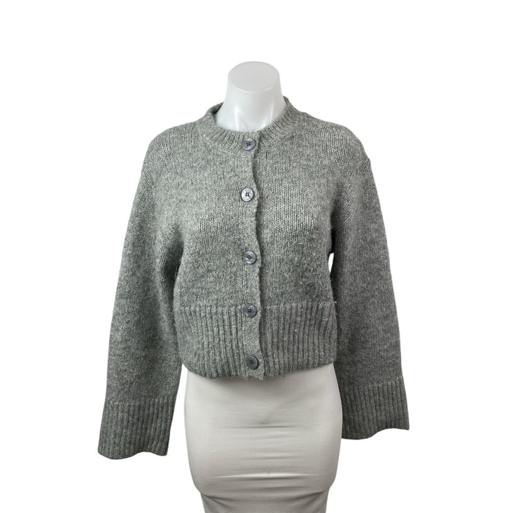 Zara Womens Gray Ribbed Crew Neck Long Sleeve Button Down Cardigan Sweater Top S