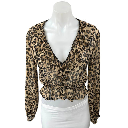 Zara Brown Leopard Animal Print Frill Ruffle V-Neck Peplum Crop Blouse Top Sz XS