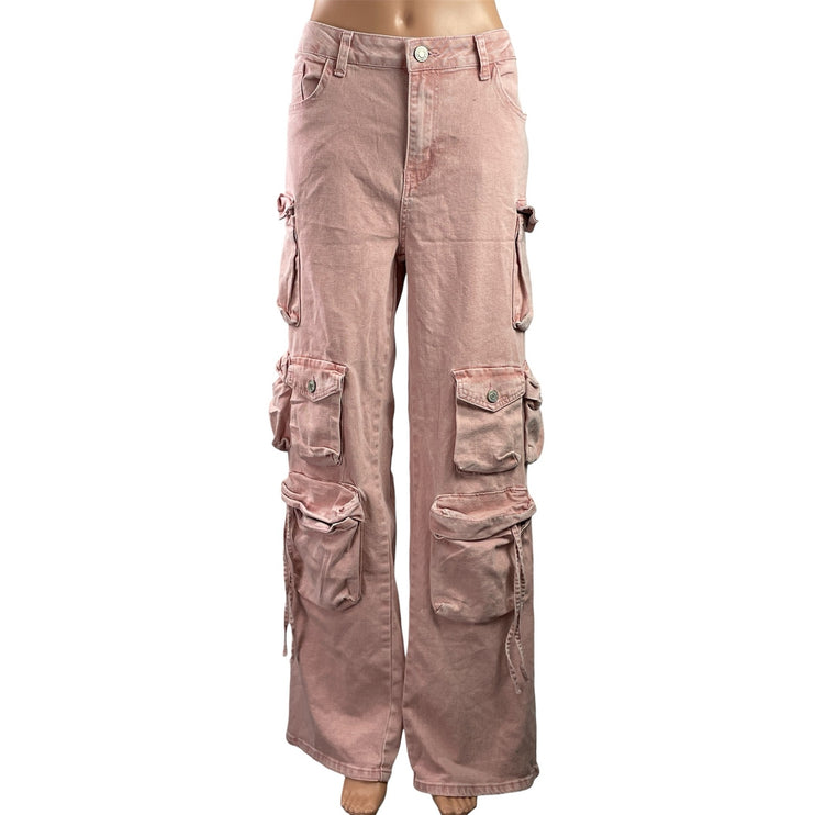 VIP Jeans Women's Pink High Rise Cargo Straight Baggy Wide Leg Denim Size 15/32