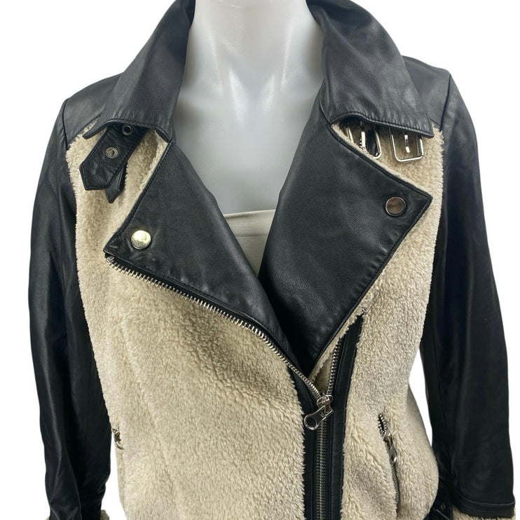 Slate & Willow Aviator Beige Black 100% Leather Sherpa Zip Up Moto Coat Jacket S