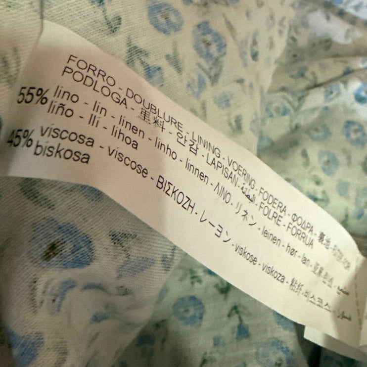 Zara Blue Linen Floral Sleeveless Smocked Mini Cami Camisole Tank Dress Size M