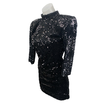 Zara Black Sequin Sparkly Mock Neck Backless Long Sleeve Mini Sheath Dress Sz XS