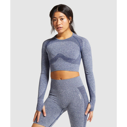 Gymshark Flex Sport Navy Marled Blue Long Sleeve Yoga Athletic Crop Top Size S