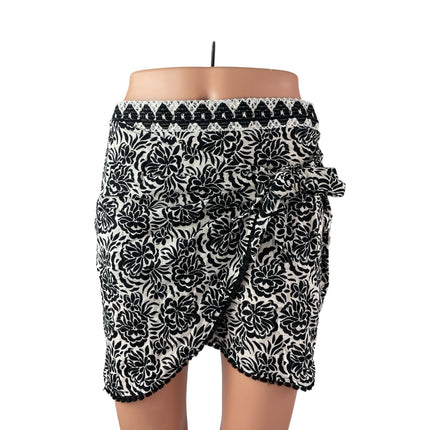Zara Women's Black White Floral Embroidered Waist High Rise Mini Wrap Skirt Sz S