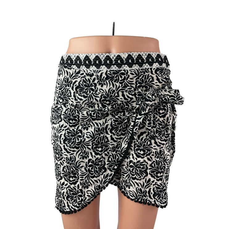 Zara Women's Black White Floral Embroidered Waist High Rise Mini Wrap Skirt Sz S