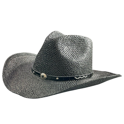 STETSON Onyx Black Woven Leather Band Curled Wire Brim Western Cowboy Hat Size M