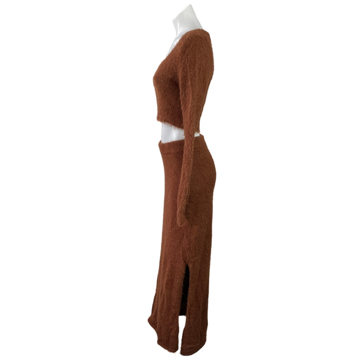 Asos Women's Brown Eyelask Knit Fuzzy Long Sleeve Sweater Midi Skirt Set 4/6