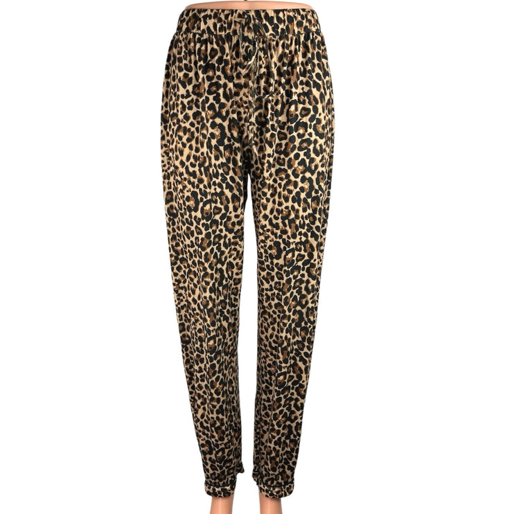 Ekouaer Brown Animal Leopard Print Tapered Elastic Waist Crop Ankle Pants Size S