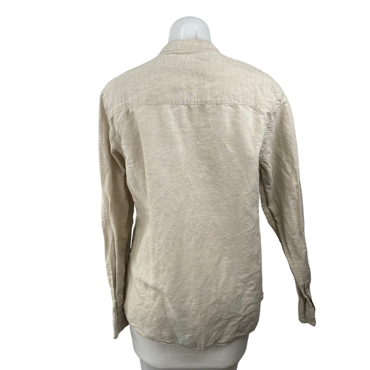 Zara Women's Beige Linen Mock Neck Button Front Long Sleeve Shirt Top Size M