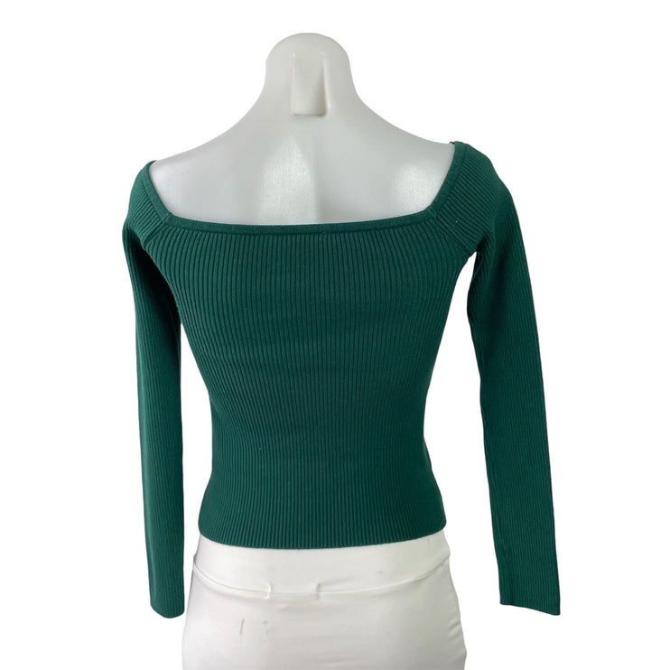 Abercrombie & Fitch Green Rib Knit Boat Neck Long Sleeve Crop Sweater Top Sz XS