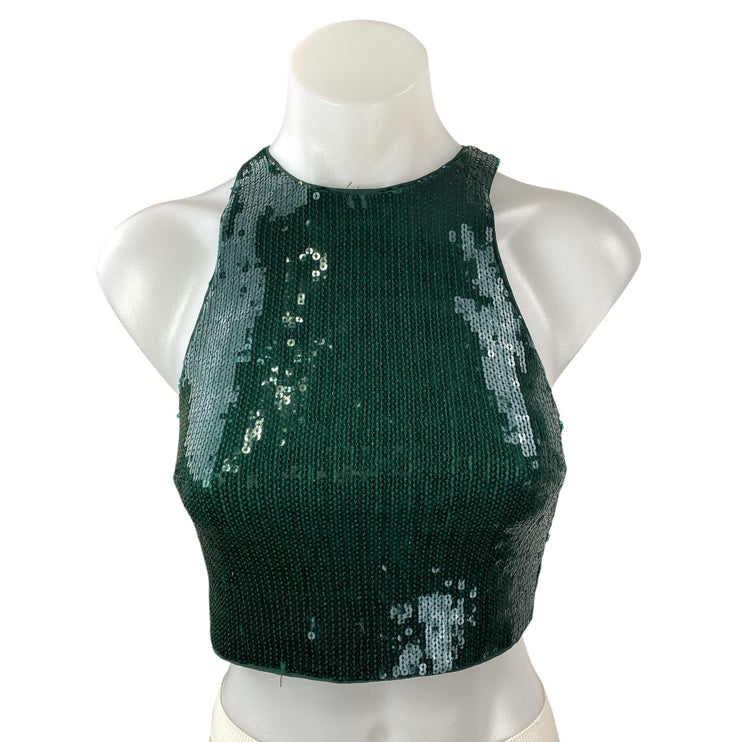 H&M Women's Green Sequin Sleeveless Halter Neck Crop Cami Camisole Tank Top XS