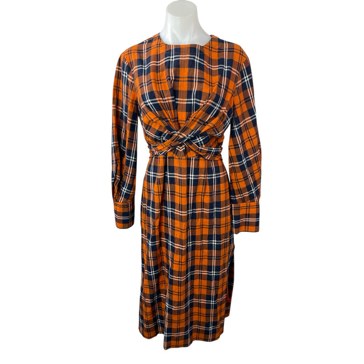 Staud Crosshill Multicolor Plaid Twist Front Long Sleeve Midi A-Line Dress Sz M