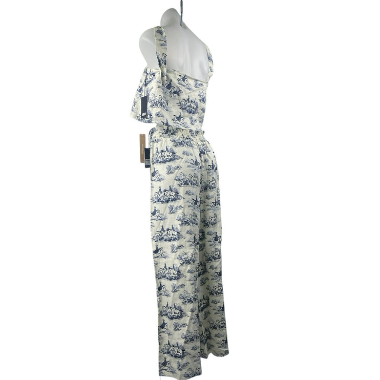 NEW Reformation 100% Linen White Blue Printed Crop Tank Top & Trousers Set Sz M