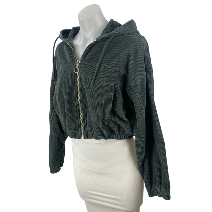 Urban Outfitters Women's Black Corduroy Full Zip Hoodie Cropped Sweatshirt Sz S