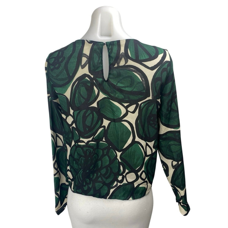 Zara Women's Green Leaf Graphic Print Long Sleeve Scoop Neck Blouse Top Size S