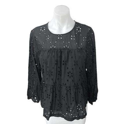 J.Crew Women's Black Embroidered Eyelet Tiered Boho 3/4 Sleeve Blouse Top Size M