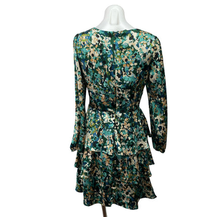Nicole Miller Green Floral Long-Sleeve Faux Wrap Tiered Mini Fit & Flare Dress S