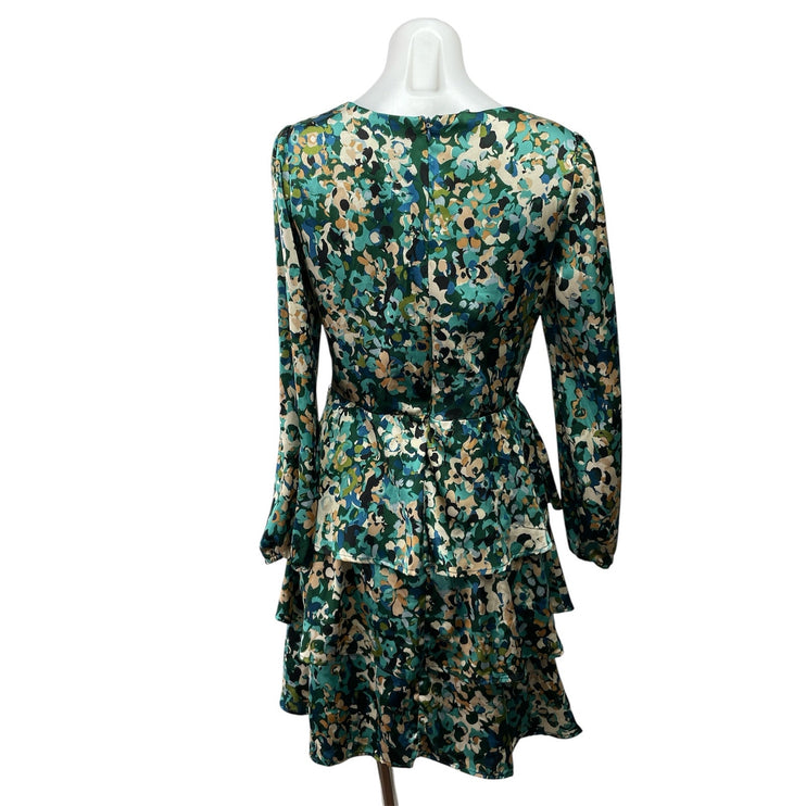Nicole Miller Green Floral Long-Sleeve Faux Wrap Tiered Mini Fit & Flare Dress S