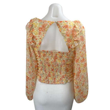 Free People Mabel Orange Floral Ruffle Ruched Cutout Long Sleeve Blouse Top XS