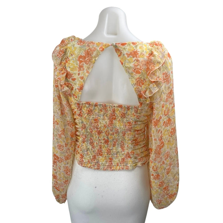 Free People Mabel Orange Floral Ruffle Ruched Cutout Long Sleeve Blouse Top XS
