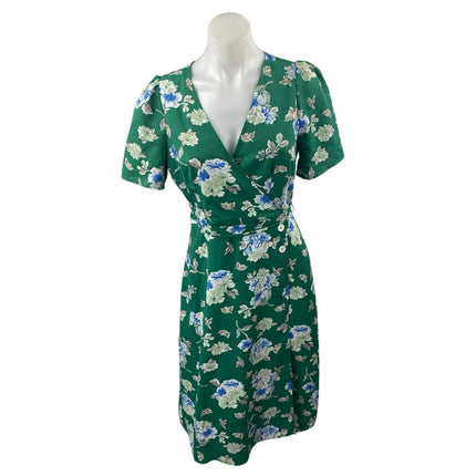 Commense Green Floral Short Sleeve Tie Waist V Neck Midi Wrap Dress Size S