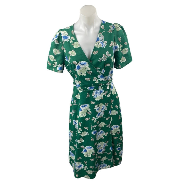 Commense Green Floral Short Sleeve Tie Waist V Neck Midi Wrap Dress Size S