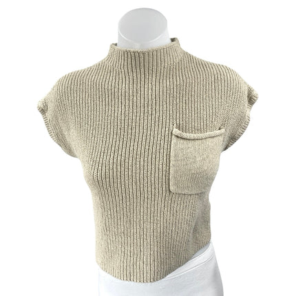 Free People Women's Beige Knit Short Sleeve Mock Neck Crop Sweater Top Size XS