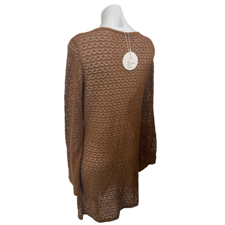 NEW Anrabess Brown Long Sleeve Open Knit Keyhole Beach Cover Up Dress Size S
