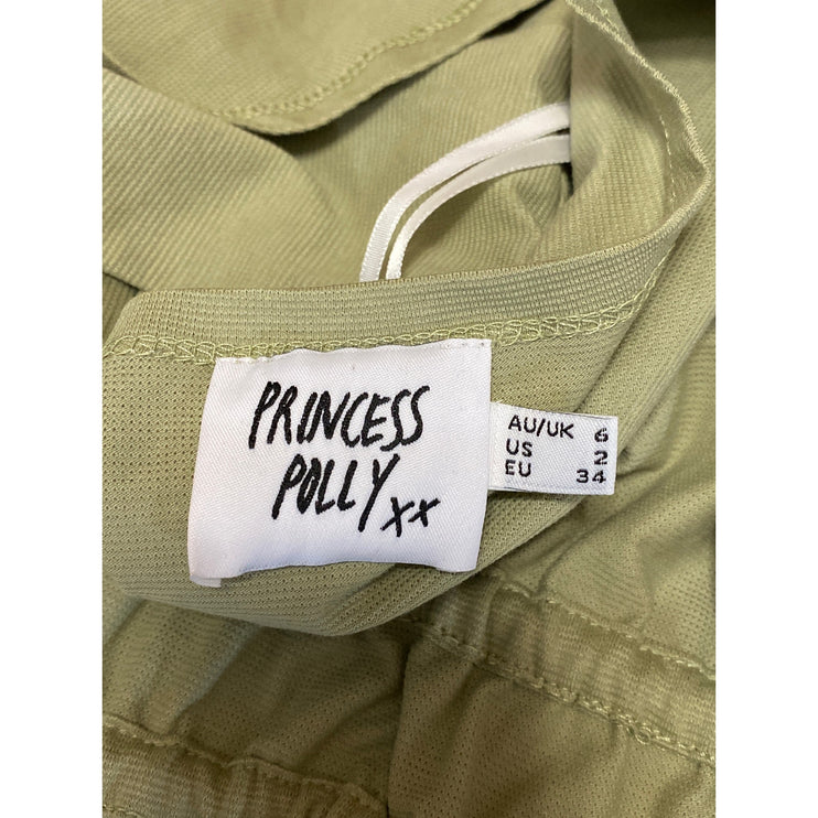 Princess Polly Green Short Sleeve Deep V Neck Tie Ruffle Blouse Crop Top Size 2