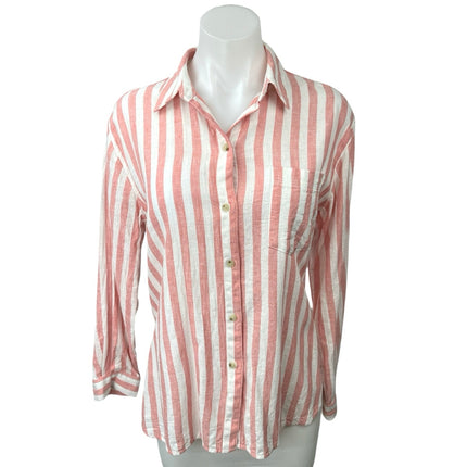 Old Navy Red White Linen Striped Button Up Collar Long Sleeve Shirt Blouse Top S