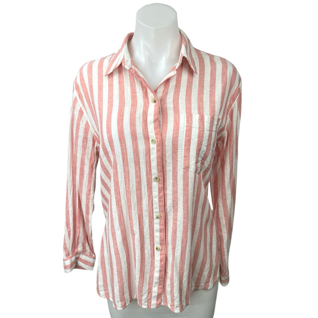 Old Navy Red White Linen Striped Button Up Collar Long Sleeve Shirt Bl –  Brie
