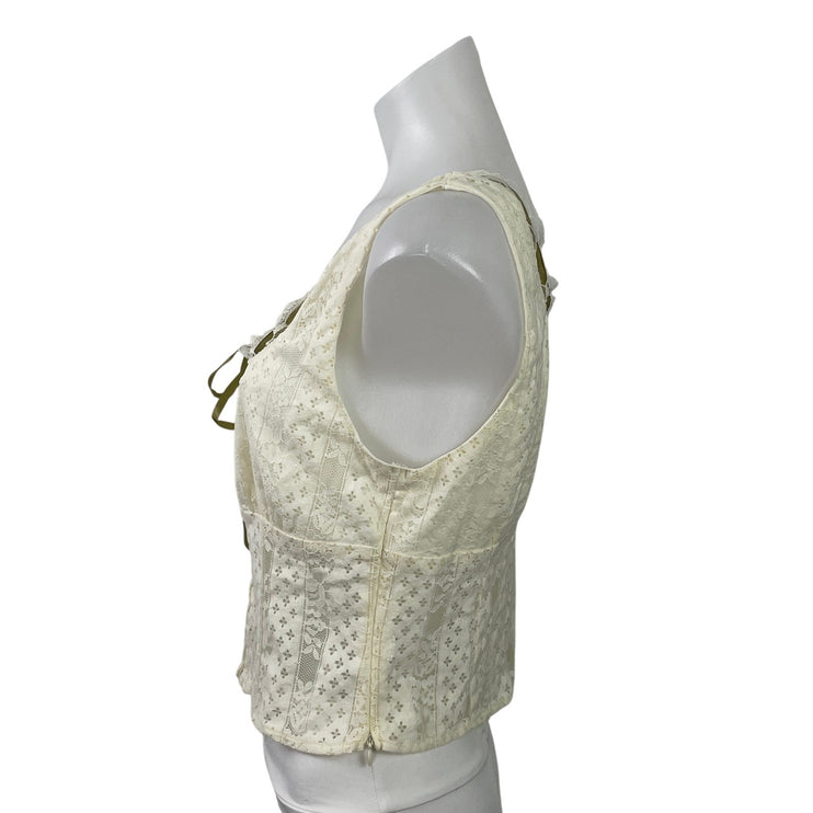 Beverly & Beck Cream Floral Eyelet Lace Tie Sleeveless Tank Corset Crop Top Sz M