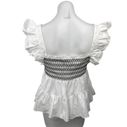 En Saison White Black Boho Smocked Tiered Ruffle Peplum Blouse Top Size L