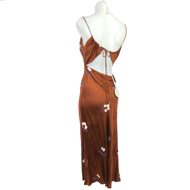 NEW Gillia Brown Silk Satin Floral Cowl Neck Cutout Back Slip Maxi Dress Size M