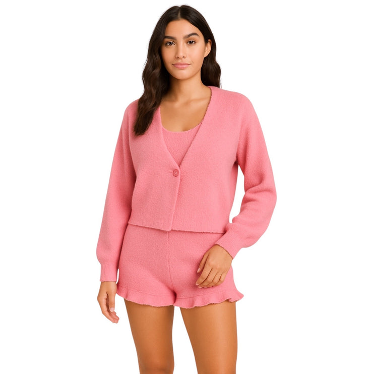 ASOS Pink Fleece Cardigan Short Sleeve T Shirt Shorts Sweater 3 Piece Set Size 2