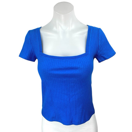 Zara Blue Short Sleeve Ribbed Knit Square Neck Cropped T Shirt Tee Top Size S