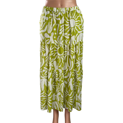 Christian Siriano Womens Green Floral Elastic Waist Tiered Midi A-Line Skirt L
