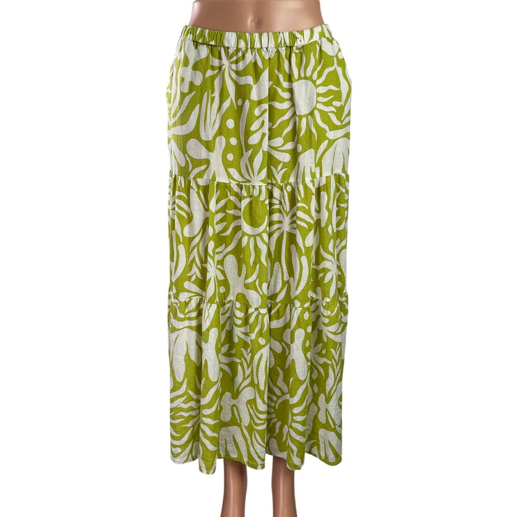 Christian Siriano Womens Green Floral Elastic Waist Tiered Midi A-Line Skirt L