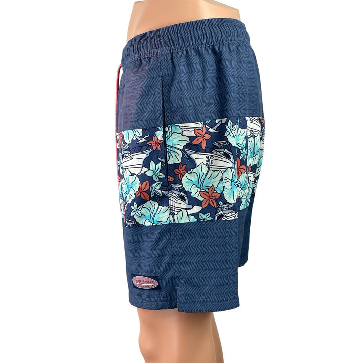 Vineyard Vines Men's Blue Floral Chevron Drawstring Swim Trunks Swimwear Size M