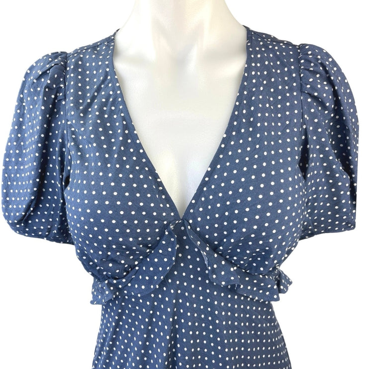 Madewell Mollie Navy Blue Polka Dots V-neck Puff Sleeve Ruffle Mini Dress Size 0