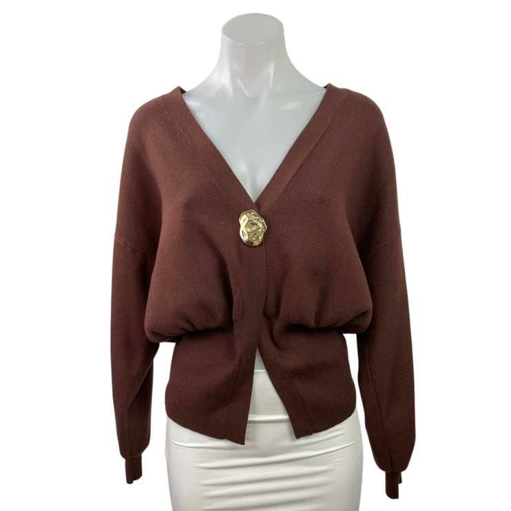Commense Brown Brooch Knit V Neck Peplum Long Sleeve Cardigan Sweater Top Size M