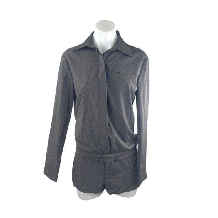 Zara Gray Collared Long Sleeve Belted Button Down Playsuit Romper Jumpsuit XS