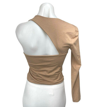 Tiger Mist Tan Beige One Shoulder Long Sleeve Stretch Blouse Crop Top Size M