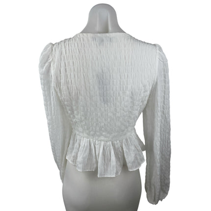 NEW Lulus White Plunge Neck Tie Front Long Puff Sleeve Peplum Blouse Top Size S