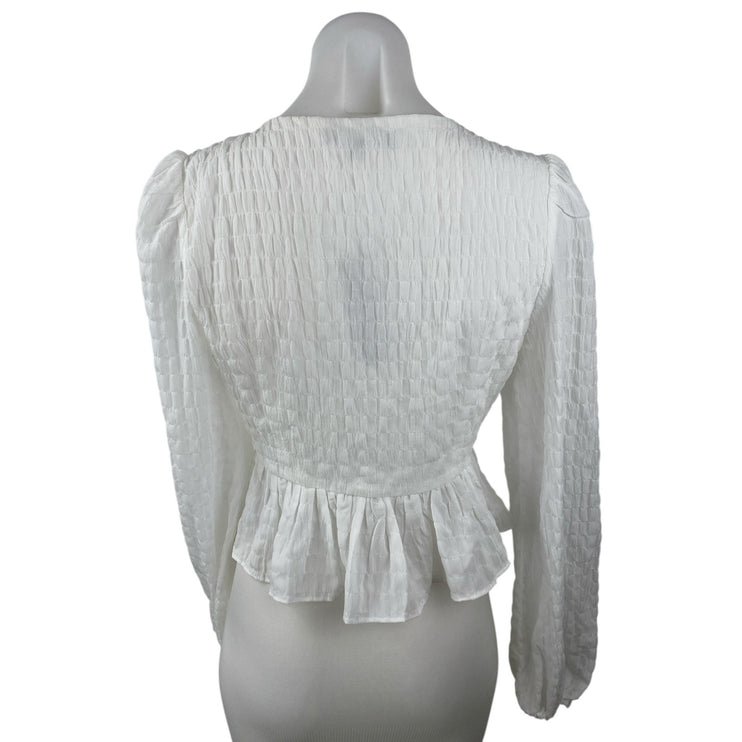 NEW Lulus White Plunge Neck Tie Front Long Puff Sleeve Peplum Blouse Top Size S