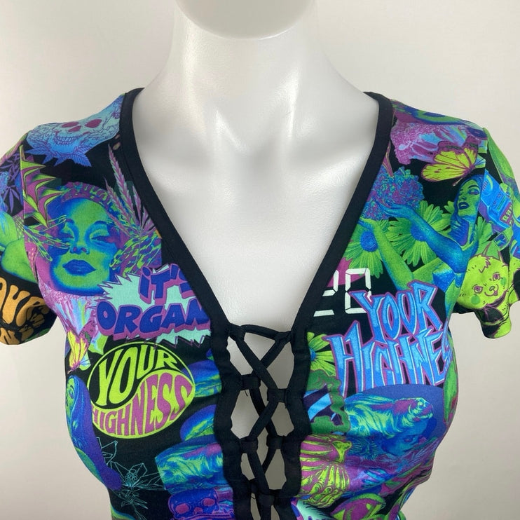 Your Highness Blue Green Ruckus Print Tie Front Short Sleeve Crop Top Blouse S