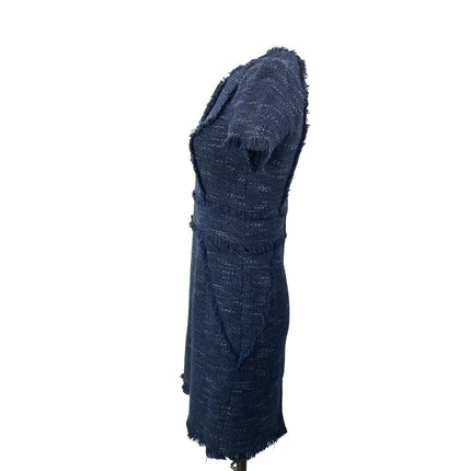Rebecca Taylor Blue Tweed Short Sleeve Zip Slit Fringe Mini A Line Dress Size M
